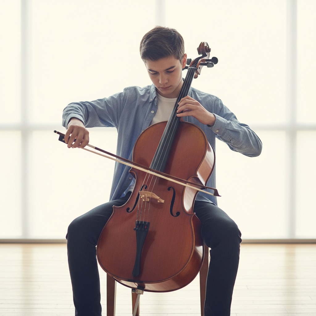 Jovem sentado toca violoncelo em uma sala iluminada.