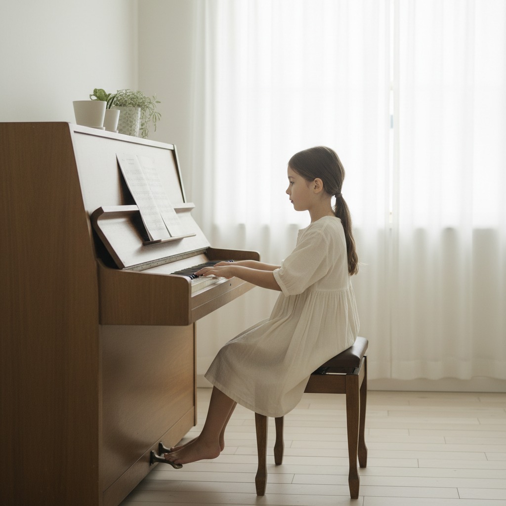 Menina de vestido claro sentada em um banco tocando piano de madeira em uma sala iluminada.