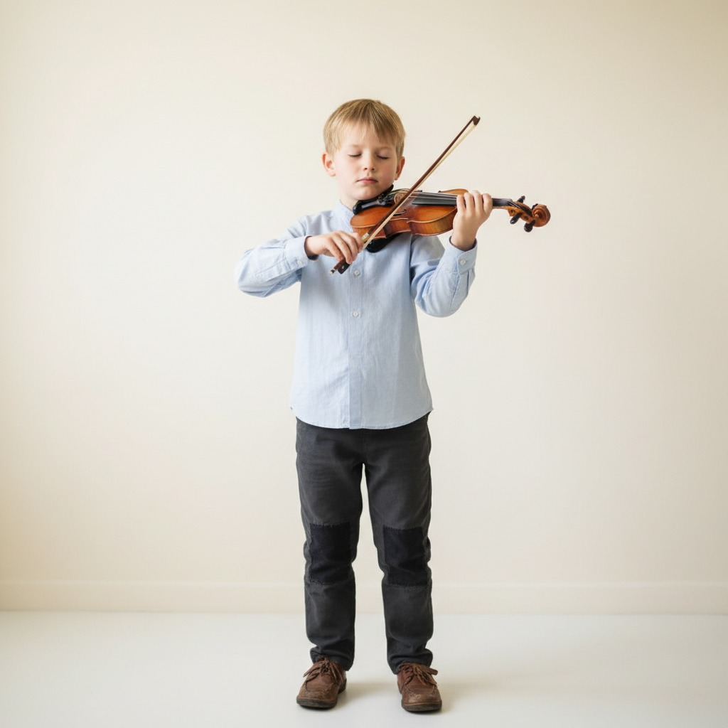 Menino loiro de camisa azul toca violino com os olhos fechados contra um fundo bege.
